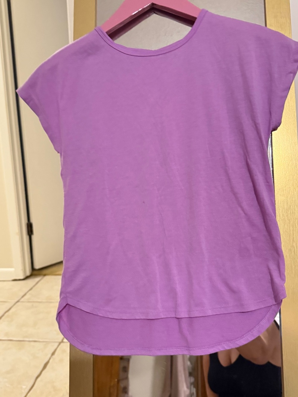 Kids Lavender Short Sleeve Layered Hem Top, cute cut out on back of shirt. Soft